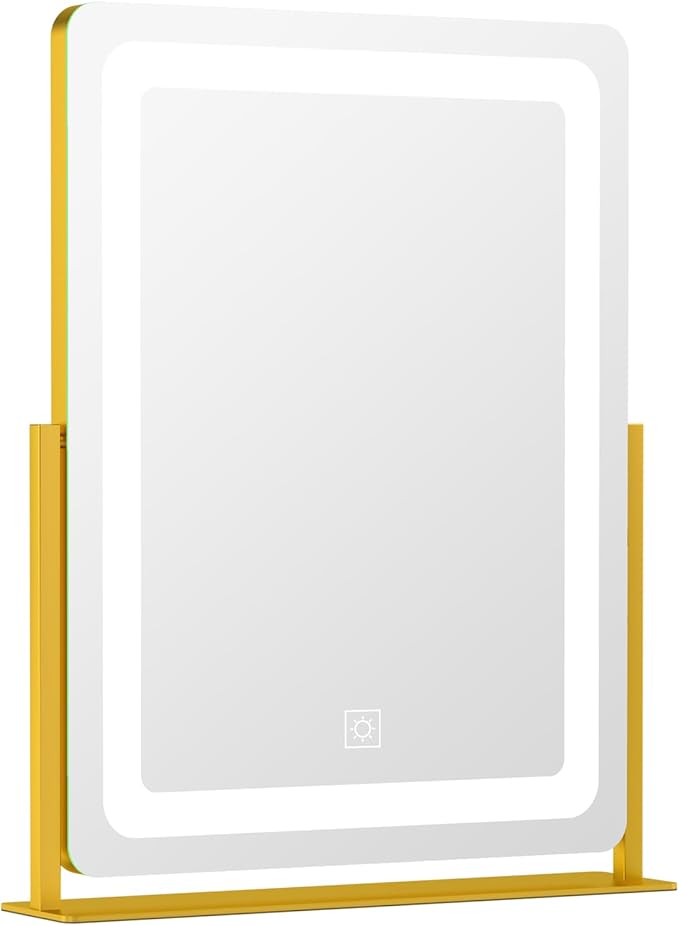 PRIMETEK Vanity Mirror with Lights, 19"x22" Large Makeup Mirror with Lights, LED Lighted Makeup Mirror, Touch Screen with 3-Color Lighting, Dimmable for Vanity Desk Tabletop, Bedroom, Gold