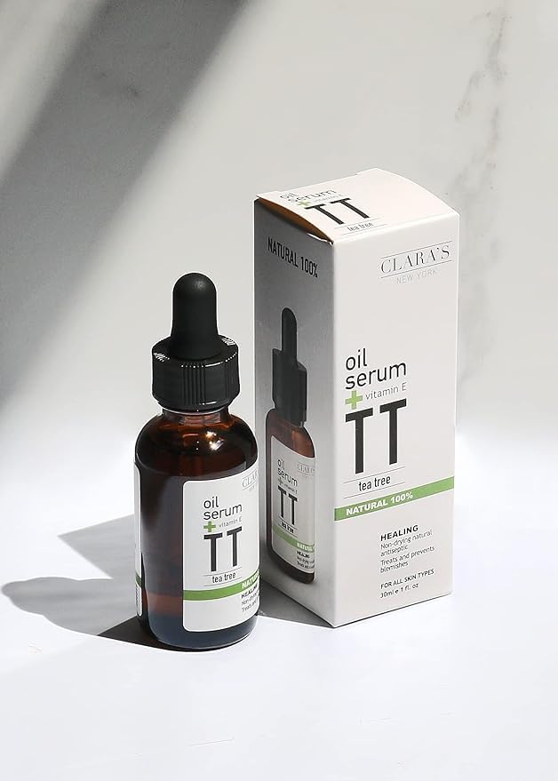 Claraβs New York 100% Natural Tea Tree Facial Oil Serum with Vitamin E β Lightweight, Non-Greasy, Acne & Redness Calming Face Oil for Blemish-Prone Skin β Vegan, Cruelty-Free β 30ml