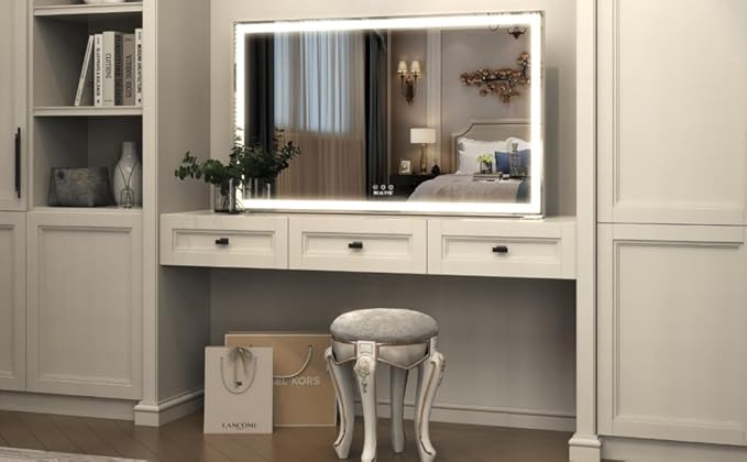 ANYHI Extra Large Vanity Mirror with LED Light, 40"x24.3" Big Size Lighted Vanity Mirror with 10X Magnifying, Tabletop/Wall Mounted, 3 Color Modes, Silver