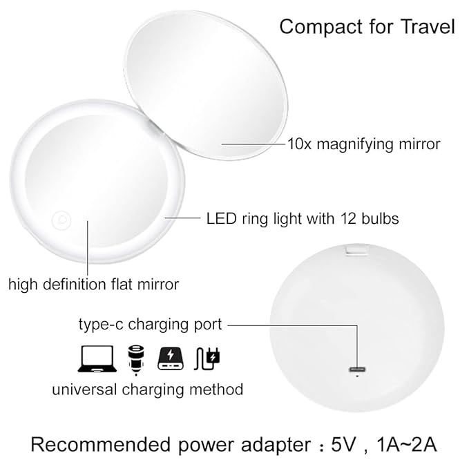 Compact Mirror with LED Light,1x/10x Magnifying Rechargeable Mirror,3.5in, Dimmable Travel Mirror for Purse,Pocket,Handheld 2-Sided Makeup Mirror