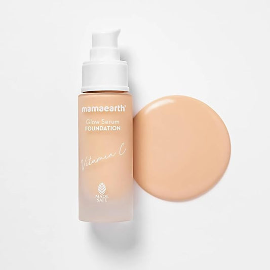 Mamaearth Glow Serum Foundation - 01 Ivory Glow Shade | with Vitamin C & Turmeric | Up to 12 Hour Buildable Coverage | Waterproof & Lightweight | 1.01 Fl Oz (30ml)