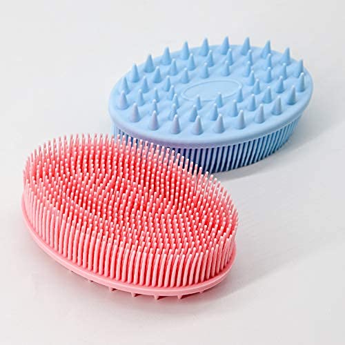Exfoliating Silicone Body Scrubber 2 in 1 Silicone Shower Brush Natural Bristle Massager Bath Sponge Gentle Scrub Skin Exfoliation For Face and Body Massage Nubs Improve Blood Circulation (Black)