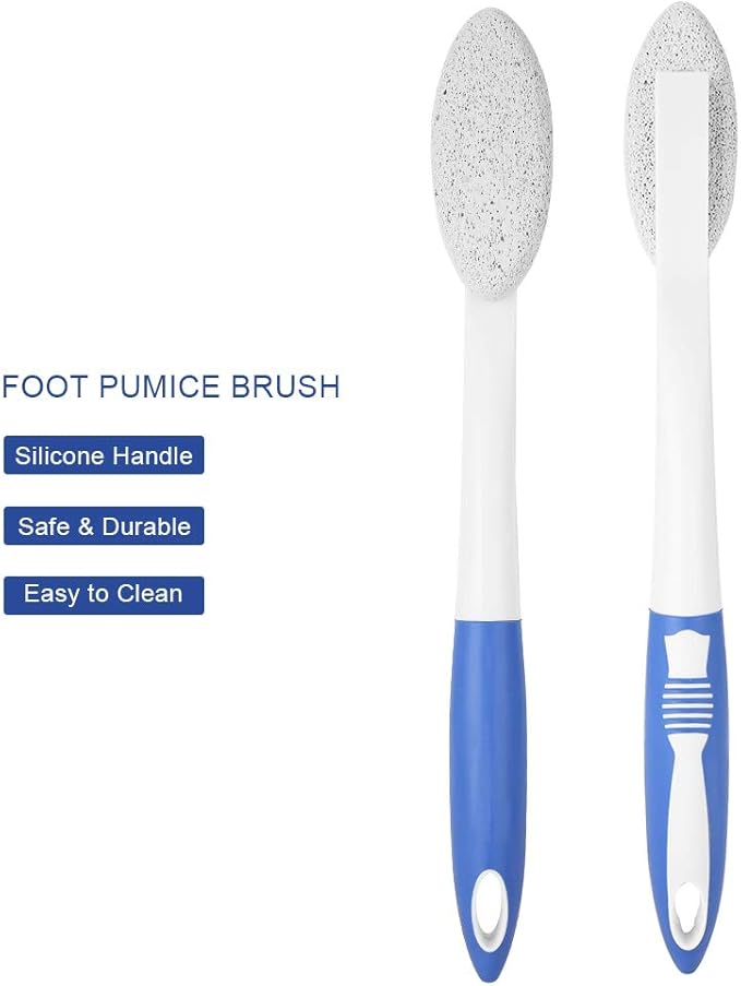 Foot Brush Long Handle Shower Bath Brush, Silicone Stone Foot Brush Removal Brush with Scrubbing Pumice Stone, 13.8inch Long Handle Foot Cleaning Massaging Brush
