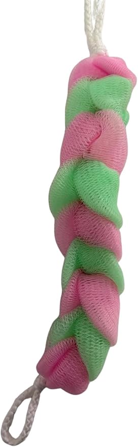 Long Reach Nylon Mesh Elastic Dual-Color Bathing Sponge for Soft Sensitive Skin (Lime-Pink)
