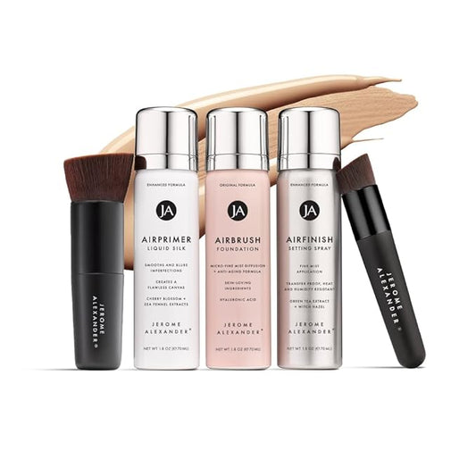 MagicMinerals AirBrush Foundation Set by Jerome Alexander - Complete 5pc Spray Makeup Set with Foundation, Primer, and Setting/Finishing Spray - for Smooth, Radiant Skin (Warm Beige)