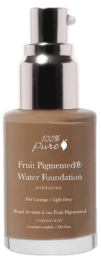 100% PURE Water Foundation Full Coverage Hydrating Makeup, Light Dewy Finish, Moisturizing Concealer for Normal to Dry Skin - Fruit Pigment Color Warm 7.0 w/Yellow Undertones for Dark Skin - 1 Fl Oz