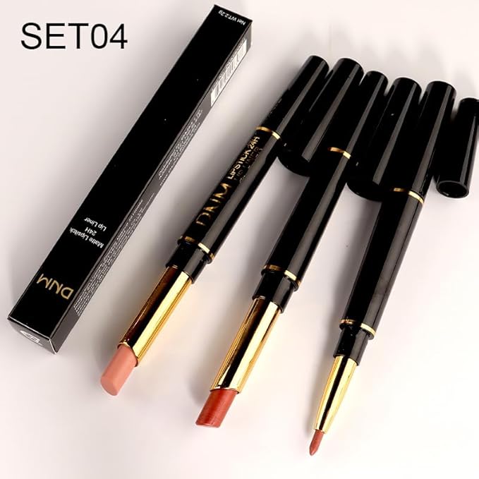 BINGBRUSH 2 IN 1 Lip Liner & Lipstick Makeup Set, Dark Red Matte Metallic Lipliner Set for Black Mature Women Waterproof Long Lasting Gift Set (3Pcs Set04:03#07#10#, 3Pcs)