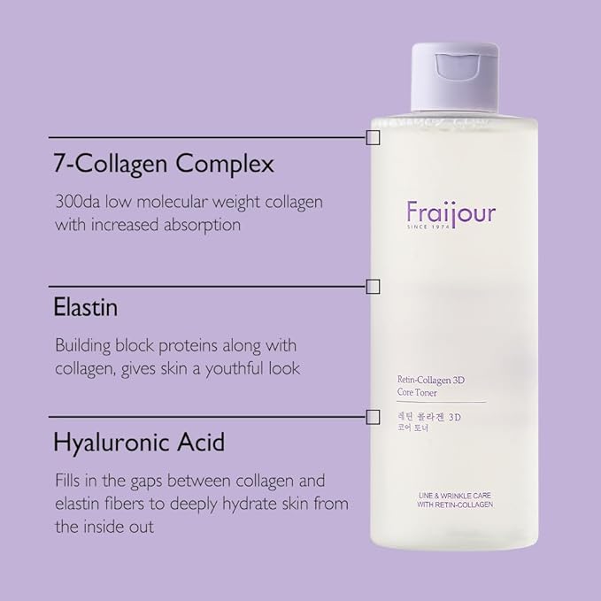 Retin-Collagen 3D Core Toner β Anti-Aging Korean Toner with Bakuchiol, 7 Types of Collagen & Hyaluronic Acid, Firms Skin & Reduces Pores, Gentle for Sensitive Skin, 8.45 fl.oz.