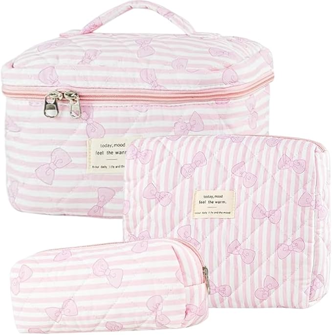 3 Pcs Quilted Makeup Bag Set,Coquette Bow Make Up Bag,Cute Floral Makeup Bags Large Toiletry Cosmetic Bag Organizer for Women Girls (N-3PCS)