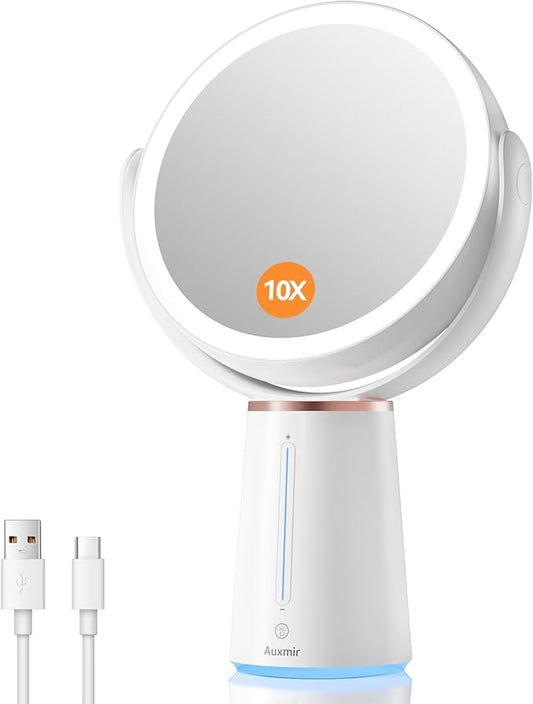 Lighted Makeup Mirror, 2500mAh Rechargeable Vanity Mirror with Lights, Double Sided 1X/10X Magnifying Mirror with 360Β° Rotation for Vanity Cosmetic, 10 Adjustable Brightness, Gift for Women