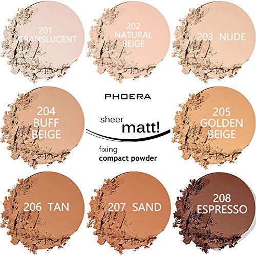 2 Pack PHOERA Matte Face Powder, Control Oil Brighten Skin Color Cover Blemish Makeup Face Setting Setting Powder Foundationγ (207-Sand)