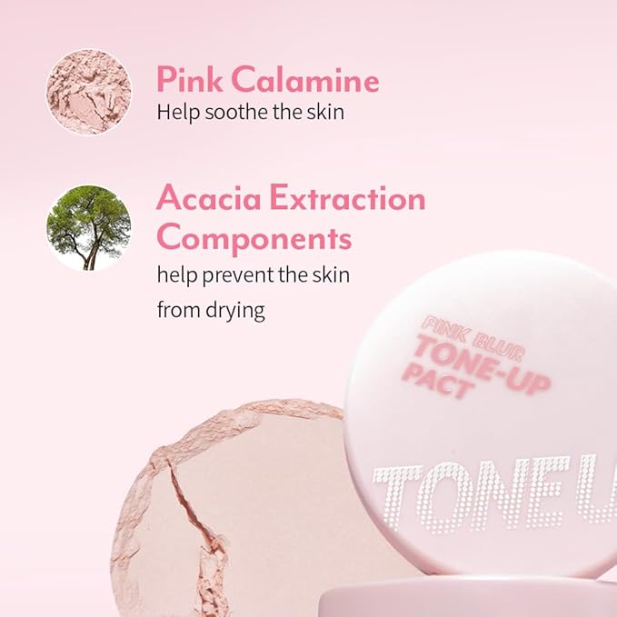 I'M MEME Compact - Tone-up Pact | Korean Pressed Setting Powder for Pink Blur Effect, with Calamine, Mattify Skin, Makeup Foundation, Translucent Compact, Oily Skin, Natural Coverage, 0.35 Oz