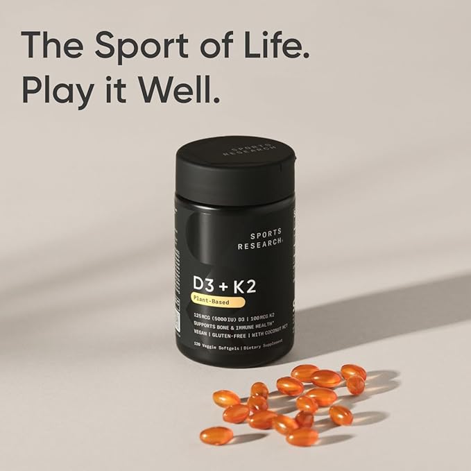 Sports Researchยฎ Vitamin D3 + K2 with Coconut MCT Oil | Vegan D3 5000 IU with K2 100 mcg for Bone & Immune Health | Vegan Certified, Soy & Gluten Free - 120 Softgels