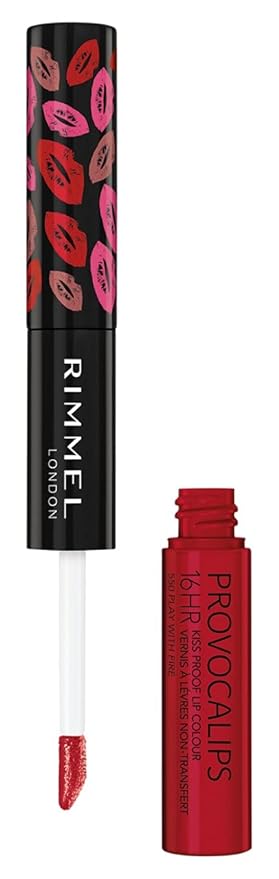 Rimmel London Provocalips 16hr Kiss-Proof Lip Color - Two-Step Liquid Lipstick to Lock in Color and Shine - 550 Play With Fire, .14 fl.oz.