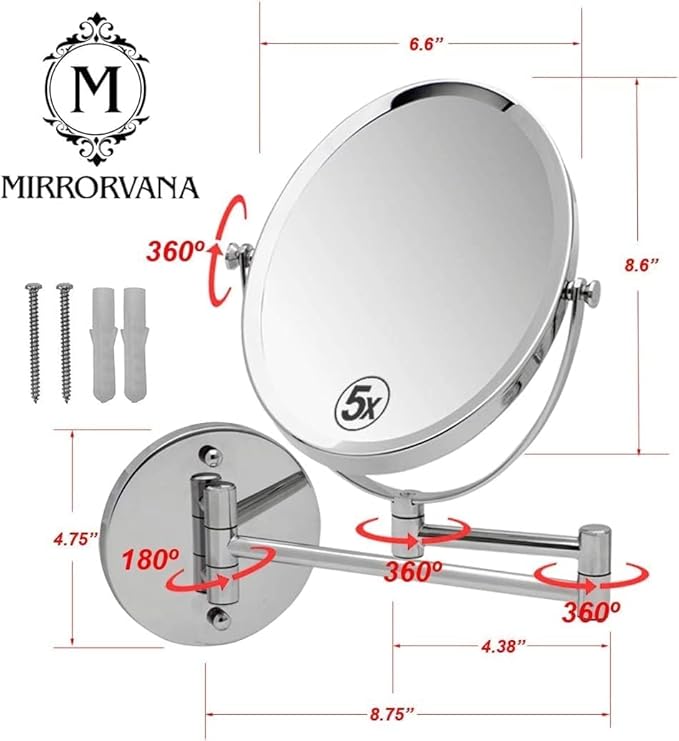 Wall Mounted Bathroom Makeup & Shaving Mirror, Double Sided 5X & 1X Magnification, 13-Inch Extension Swivel Arm, Oval 6.6" x 8.6" Glass Area, Chrome