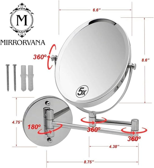 Wall Mounted Bathroom Makeup & Shaving Mirror, Double Sided 5X & 1X Magnification, 13-Inch Extension Swivel Arm, Oval 6.6" x 8.6" Glass Area, Chrome