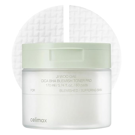 celimax Ji.Woo.Gae CICA BHA Blemish Toner Pad | BHA PHA LHA Complex, Centella Asiatica Extract, Hydrating, Moisturizing, Soothing, Reparing, (60 Pads)