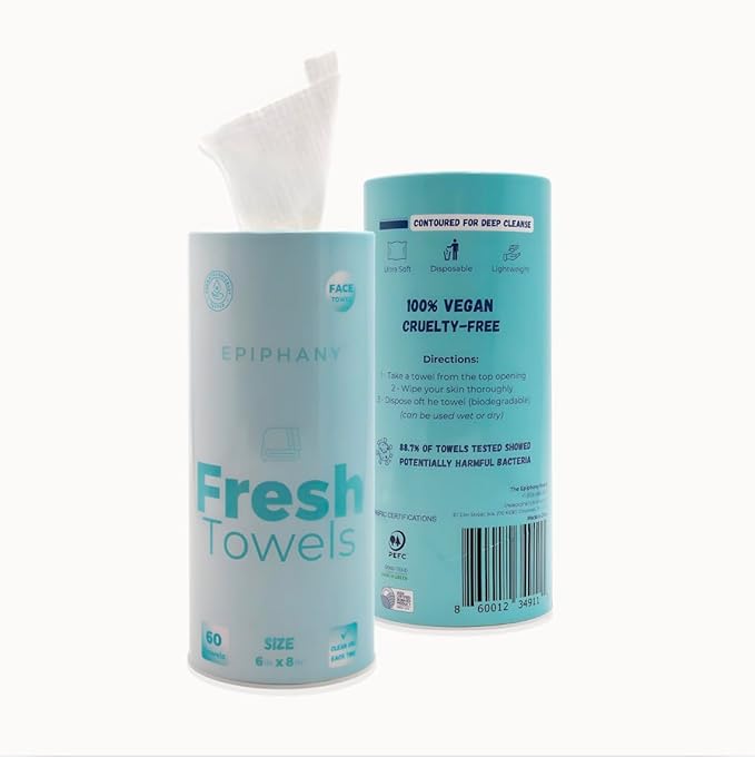 Epiphany Fresh Towels, Dry Disposable Face Towels β 60 Cotton-Feel Clean Tissues for Skin Care. Lint-Free Makeup Remover Cloths. 6x8 Inch Biodegradable Face Wash Cloths, Gentle on All Skin Types