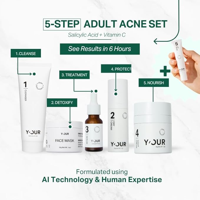 Y'OUR Acne Skincare Kit for Adults β 5-Step System with Cleanser, Day Cream, Serum, Night Cream & Mask β Fights Breakouts & Blemishes β Hydrating & Non-Comedogenic Formula