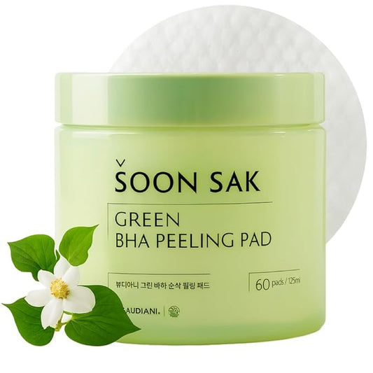 BEAUDIANI Green BHA soon sak peeling pad, 60pads, facial peel, Korean toner pads, exfoliator, pore tightening, soothing & hydrating, skincare pads, chemical peel, fruits extract