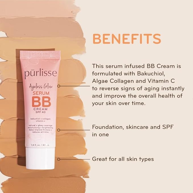 pΕ«rlisse Ageless Glow Serum BB Cream SPF 40 - Glow BB Cream with SPF Enriched with Bakuchiol & Vitamin C to Help Improve Firmness & Reduce Wrinkles for Dewy Skin - Medium Warm (1.4 oz)