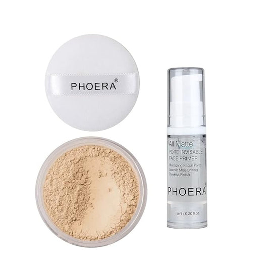 2 Pcs PHOERA Setting Powder and Face Primer, Control Oil Brighten Skin Color Cover Face Setting Loose Powderγ (02 Cool Beige + makeup primer)
