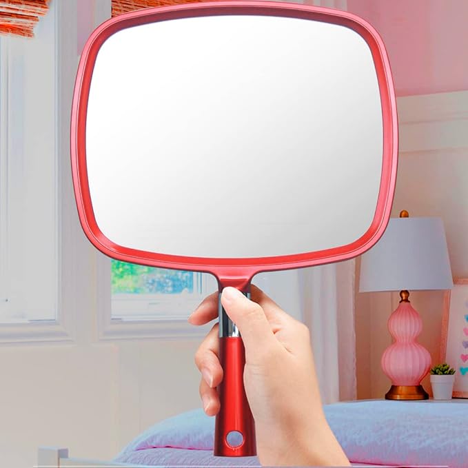 MIRRORVANA Professional Large & Comfy Hand Mirror with Ergonomic Handle for Women - Premium Sparkling Red Model (1-Pack)