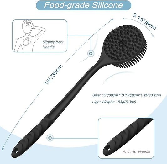 Manmihealth Silicone Back Scrubber for Shower(Thick Bristles), Body Scrubber with 15'' Long Handle, Light & Easy-to-Hold Shower Brush for Skin Exfoliating and Massaging, Not Good in Lathering.(Black)