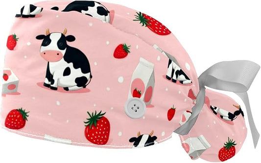 2 PCS Bouffant Cap with Button Ponytail Pouch Working Cap Sweatband Adjustable Surgical Cap Black and White Cow
