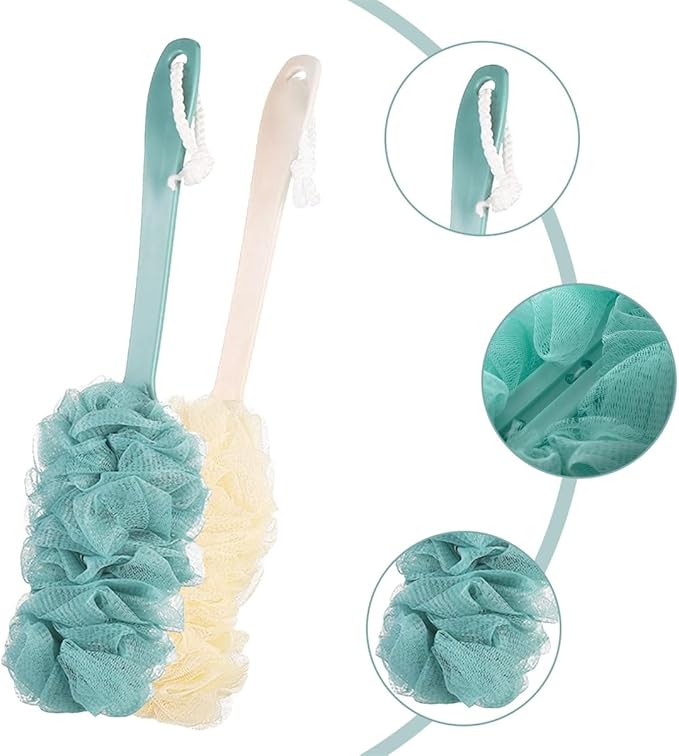 2-Piece Set of Back Brush Scrub Shower Scarves, Long Handled Shower Brushes, Shower Body Brushes with Shower Net Sponge Soft Mesh, Used for Exfoliating and Removing Dead Skin (Green and Beige)