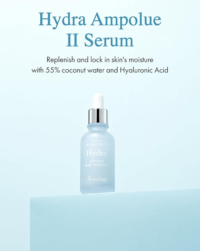 9 Wishes Hydra Ampoule II (1.01 fl oz) β Award-Winning Hydrating Serum for Face with Hyaluronic Acid, 55% Coconut Water, 72-Hour Long-Lasting Moisture, Korean Glass Skin Effect