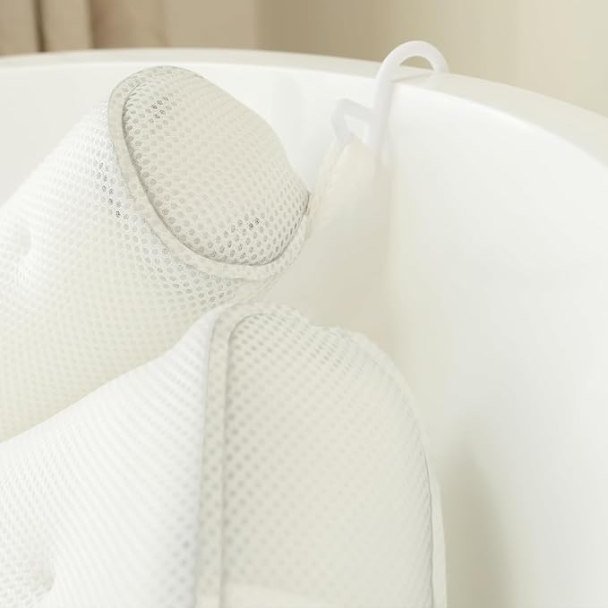 SunSerenity Luxury Bath Pillow for Tub - Relaxing Bath Tub Accessory β Bath Tub Pillow for Head and Back, Unscented Candle, Sponge Loofah, Laundry Bag, & Suction Tool (White on White)