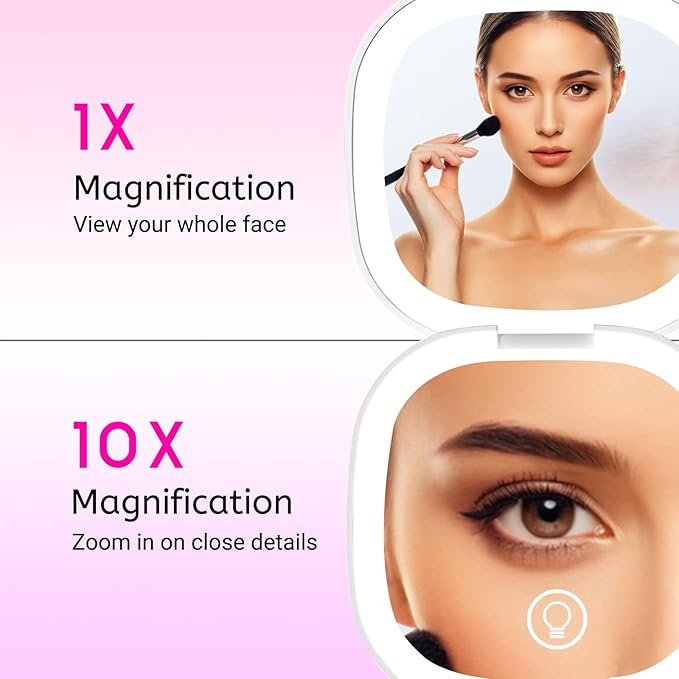 Compact LED Travel Makeup Mirror, Rechargeable Double Sided 1X/10X Magnifying Mirror, 3 Color Lighting, Dimmable Touch Screen, Foldable Lighting Mirror with USB Data Cable White