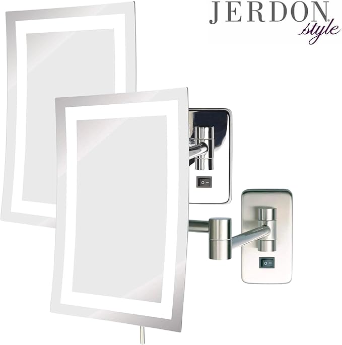 JERDON Wall Mount Makeup Mirror with 5X Magnification - 8.75” x 6.5” Rectangular Design Extends 15.5” from The Wall – Chrome Finish – Power Cord and Plug – Model JRT710CL