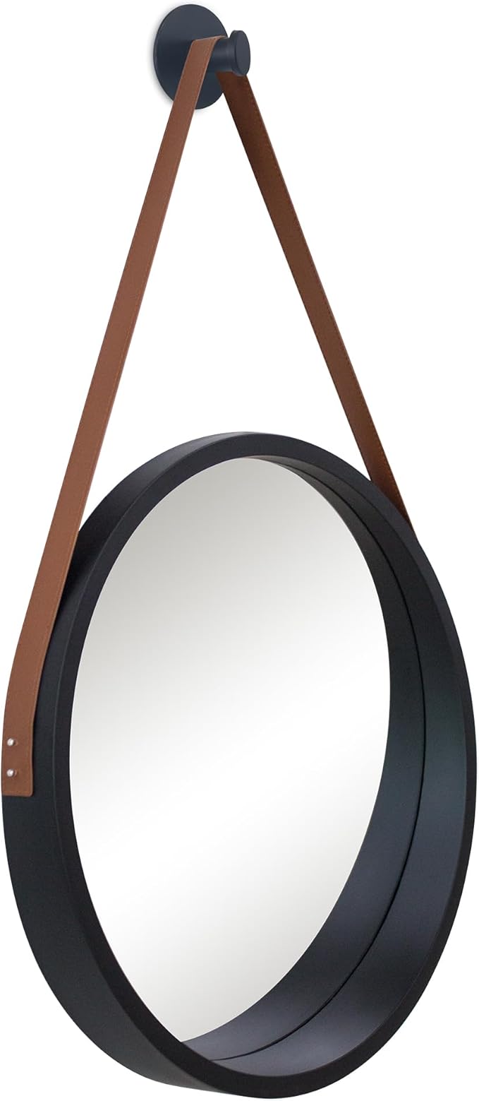 Americanflat 20" Round Mirror with Strap - Hanging Mirrors with Durable Frame - Modern Mirror for Bathroom, Bedroom, Living Room - Mirrors for Wall Display and Home Decor - Black
