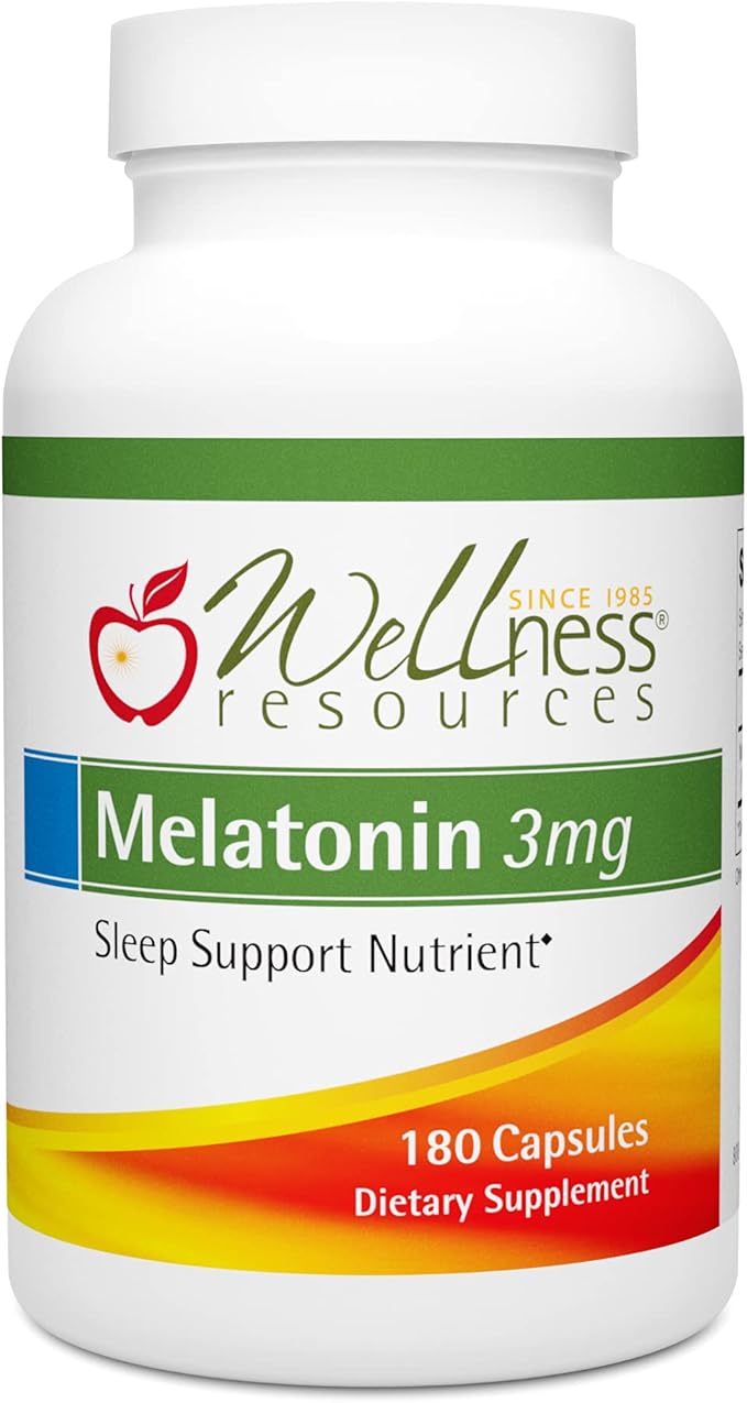 Wellness Resources 3 mg Melatonin Capsules - Natural Sleep Support Supplement - Gluten Free Sleep Aid, Preservative Free, Third-Party Tested, No Added Sugars Dye Free, 180 Capsules