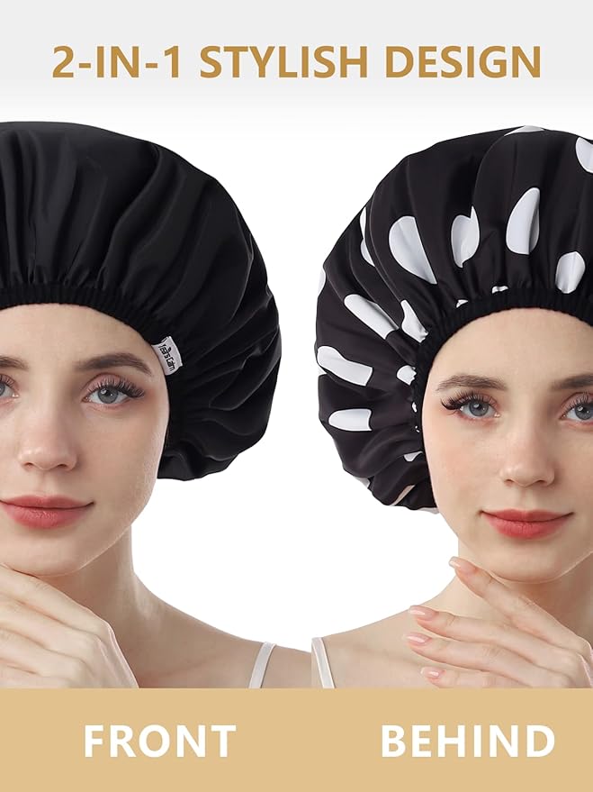 Years Calm Shower Caps For Women Reusable Waterproof,Pattern And Solid Color Dual-Layer Design For Dual-Layer Usable,Protects Hair In Shower, Spa, Cooking, Clean & Travel (Black, One Size)