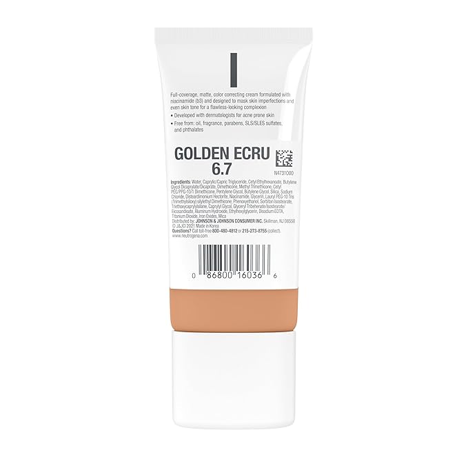 Neutrogena Clear Coverage Flawless Matte CC Cream, Full-Coverage Color Correcting Cream Face Makeup with Niacinamide (b3), Hypoallergenic, Oil Free & Fragrance Free, Golden Ecru, 1 oz