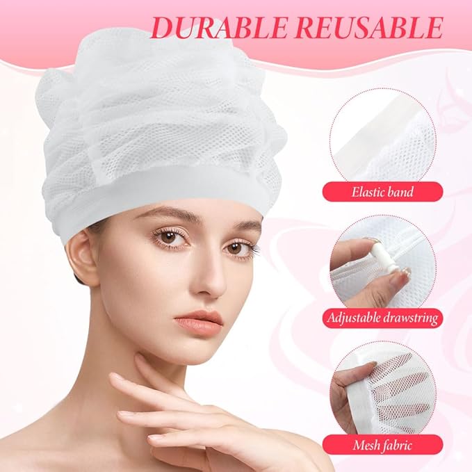 Net Plopping Cap For Drying Curly Hair, Adjustable Mesh Plop Hat With Drawstring, Durable & Reusable, For Various Hair Types, Includes 4pcs Hair Clip, White, Female, Women's Curly Hair Care