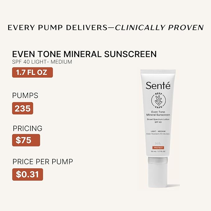 SentΓ© Even Tone Mineral Sunscreen Tinted | SPF 40 Light-Medium | Hydrating, Lightweight Sun Protection Treatment for Redness & Discoloration | UVA/UVB & Blue Light Defense | 1.7 oz