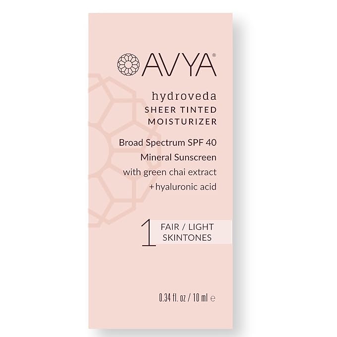 AVYA SPF 40 Sheer Tinted Moisturizer with Hyaluronic Acid & Green Chai β Advanced Ayurvedic Skincare Treatment for Balanced and Brighter Skin/Fair & Light Skintones Shade #1 (0.34oz/10ml)