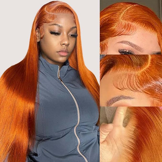 Ginger Lace Front Wig Human Hair 13X4 HD Transparent Lace Front Wig Colored Straight Lace Front Wig 150% Density Pre Plucked Natural Hairline with Baby Hair Ginger Orange Wig Human Hair 28Inch