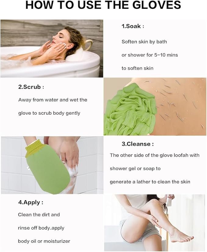Deep Exfoliating Glove for Shower, Double-Sided Exfoliating Mitt,Massage Body Scrub Gloves for Home Spa, Eco Friendly loofah Sponge, Dead Skin Remover & Body Scrubber Exfoliator (Green)