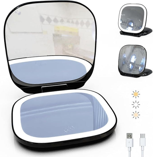 Adjustable Brightness Compact Mirror, Lighted Travel Mirror with 1X/10X Magnifying,Double Sided,Mini Dimmable Portable for Handbag and Pocket, USB C Charging,for Girls Women(Black)