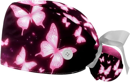 2 PCS Bouffant Cap with Button Ponytail Pouch Working Cap Sweatband Adjustable Surgical Cap Black and White Cow