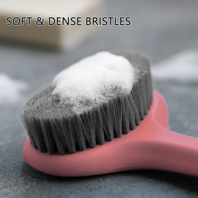 Upgraded Bath Body Brush with Comfy Bristles Long Handle Gentle Exfoliation Improve Skin's Health and Beauty Bath Shower Wet or Dry Brushing Body Brush (14 inch, Light Coral)
