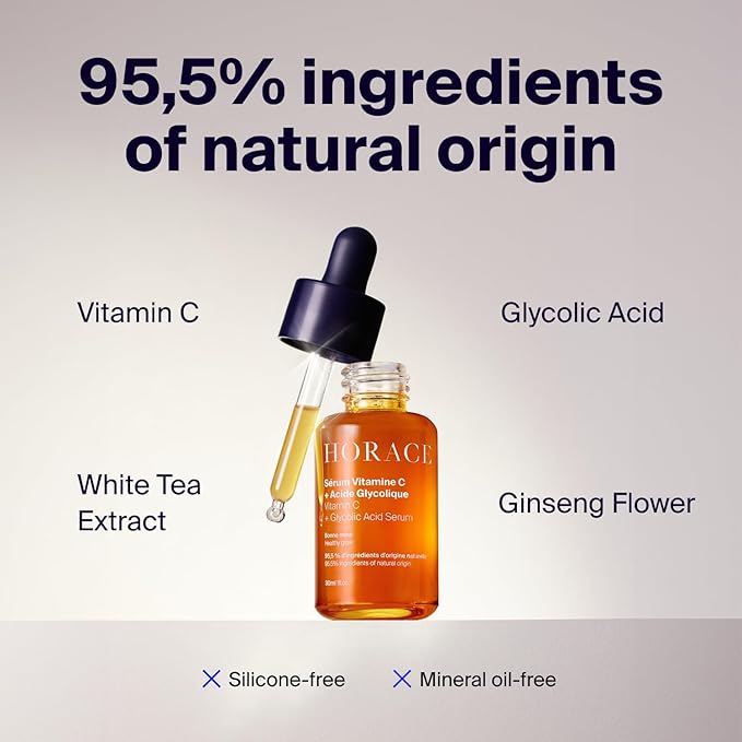 HORACE Vitamin C + Glycolic Acid Face Serum for Men β Brightening Facial Treatment for Dull Skin, Radiance Boost, and Even Complexion β Skincare for All Skin Types β Unscented, 30ml