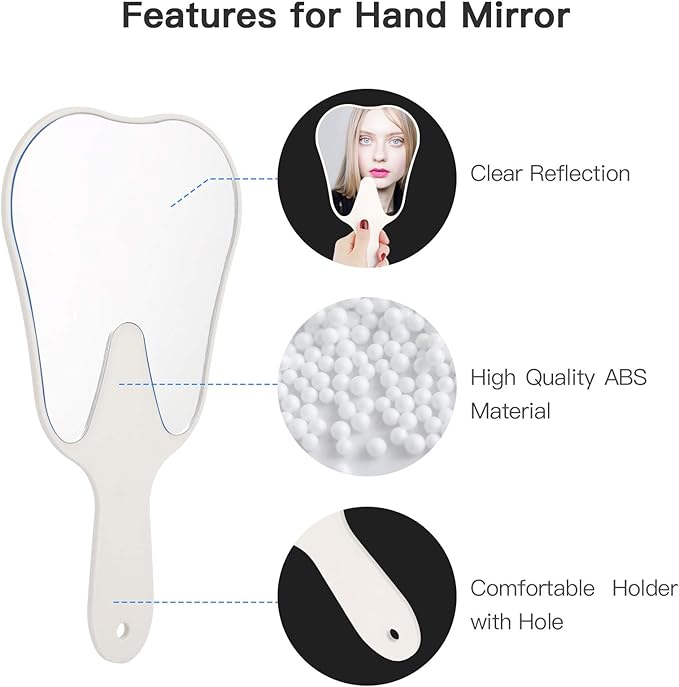 Annhua Handheld Mirrors with Handle Small Face Mirror, Tooth Shaped Hand Mirror Makeup, Used for Dentist Office, Clinic, Bathroom, Barber and Salon - White