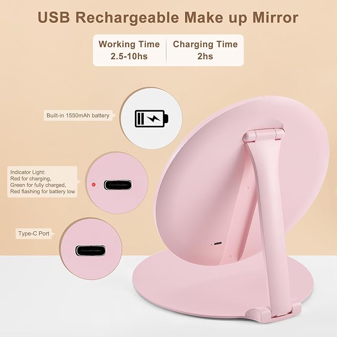 Pink Vanity Mirror with Lights and Removable 10X mirror,extendable travel makeup mirror with angle & height Adjusting Stand,Rechargeable collapsible mirror with 3 Light Colors & Stepless Dimming