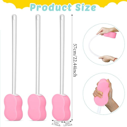 3 Pcs Long Handle Bath Sponge 22.4'' Back Sponge on a Stick Lightweight Back Washer Handled Butt Scrubber Shower Brush for Foot Body Cleaning Bathing Limited Motion(Pink)